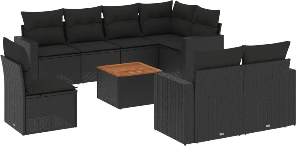 vidaXL Set mobilier de grădină cu perne, 9 piese, negru, poliratan