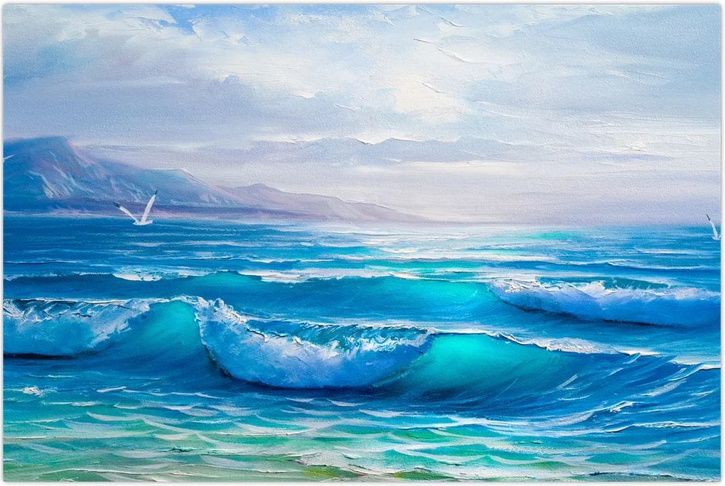 Tablou - Pictură în ulei de mare cu pescăruși (90x60 cm)