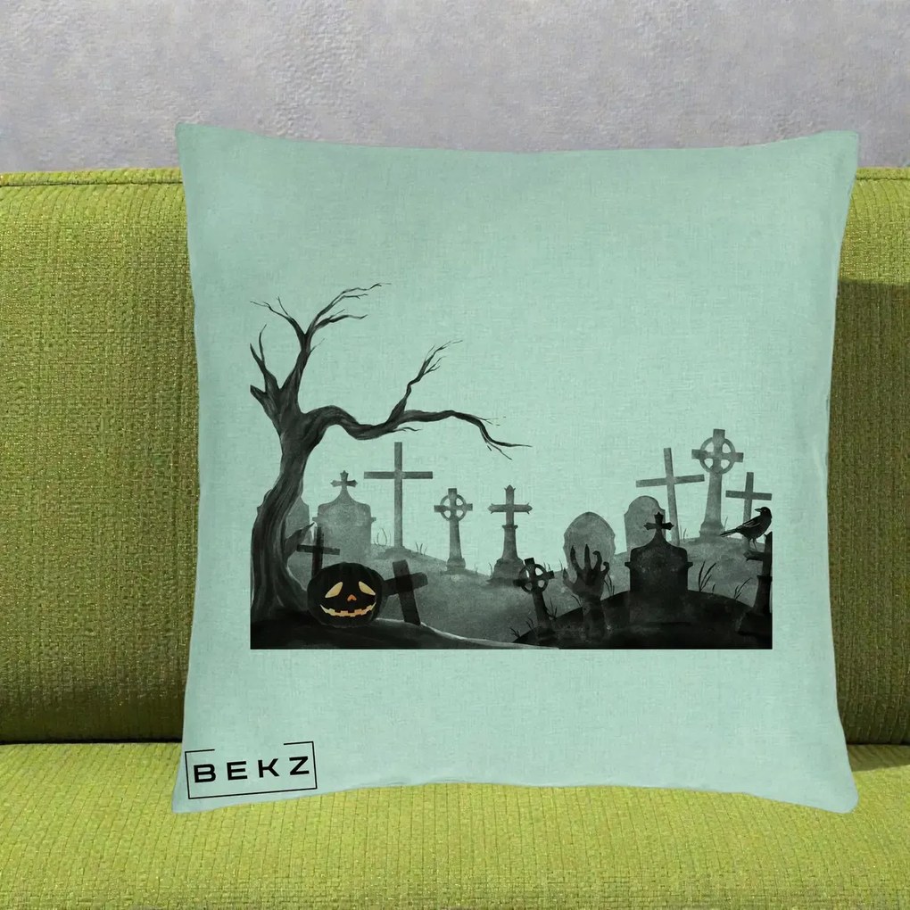 Perna Decorativa Halloween Cimitir Acuarela cu Dovleac, 40x40 cm, Verde Menta, Husa Detasabila, Perna Inclusa, BEKZ®