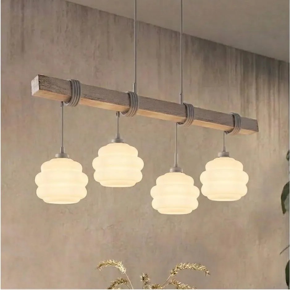 Brilagi - Lustră suspendată pe cablu WOOD GLASS 4xE27/60W/230V pin/gri/alb
