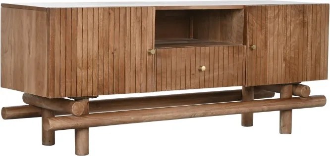Comodă TV din lemn de mango, natur, cu 2 uși cu caneluri, 1 sertar, nișă deschisă și bază din bare rotunde, 60 x 145 x 42 cm, „Odelin”