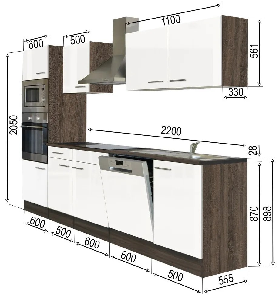 Mobilă de bucătărie Yorki cu corp din stejar Yorki, față alb satinat, dimensiune 280 cm