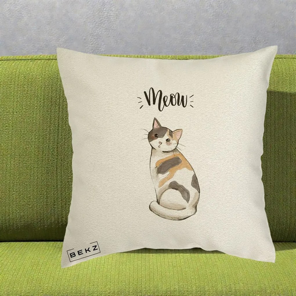 Perna Personalizata Pisica Meow Acuarela, 40x40 cm, Ecru, Husa Detasabila, Perna Inclusa, BEKZ®
