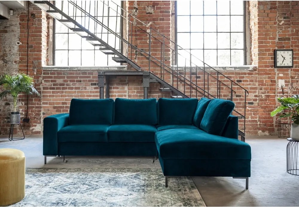 Colțar turcoaz extensibil cu tapițerie din catifea (cu colț pe partea dreaptă) Lofty Lilly – Miuform