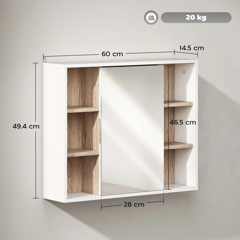 HOMCOM Dulap cu Oglinda din MDF si PAL, Dulap de Baie cu 3 Rafturi Laterale si Raft Interior Reglabil, 60x14.5x49.4 cm, Alb si Lemn Natur | Aosom RO