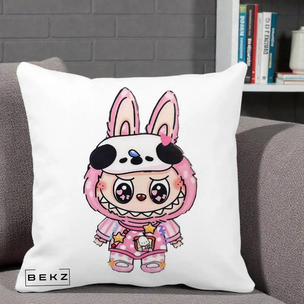 Perna Personalizata Labubu Panda-Bunny Roz, 40x40 cm, Alba Mata, Husa Detasabila, Perna Inclusa, BEKZ®