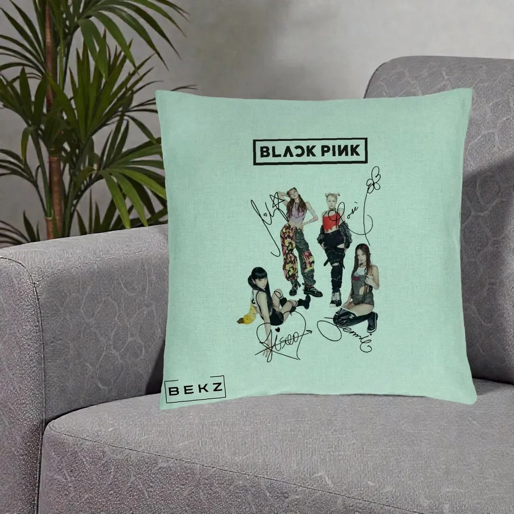 Perna Personalizata K-pop BLACKPINK Fotografie Grup Autografe Toate Membre, 40x40 cm, Verde Menta, Husa Detasabila, Perna Inclusa, BEKZ®