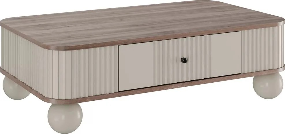 Măsuță de cafea Vesper 103x60 cm cu sertar - kasmir / nuc / mânere negre / picioare sferice