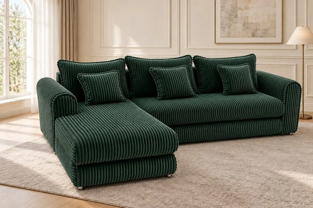 Colțar extensibil Sienna Mini din stofă raiată, verde, colț pe stânga, cu ladă de depozitare