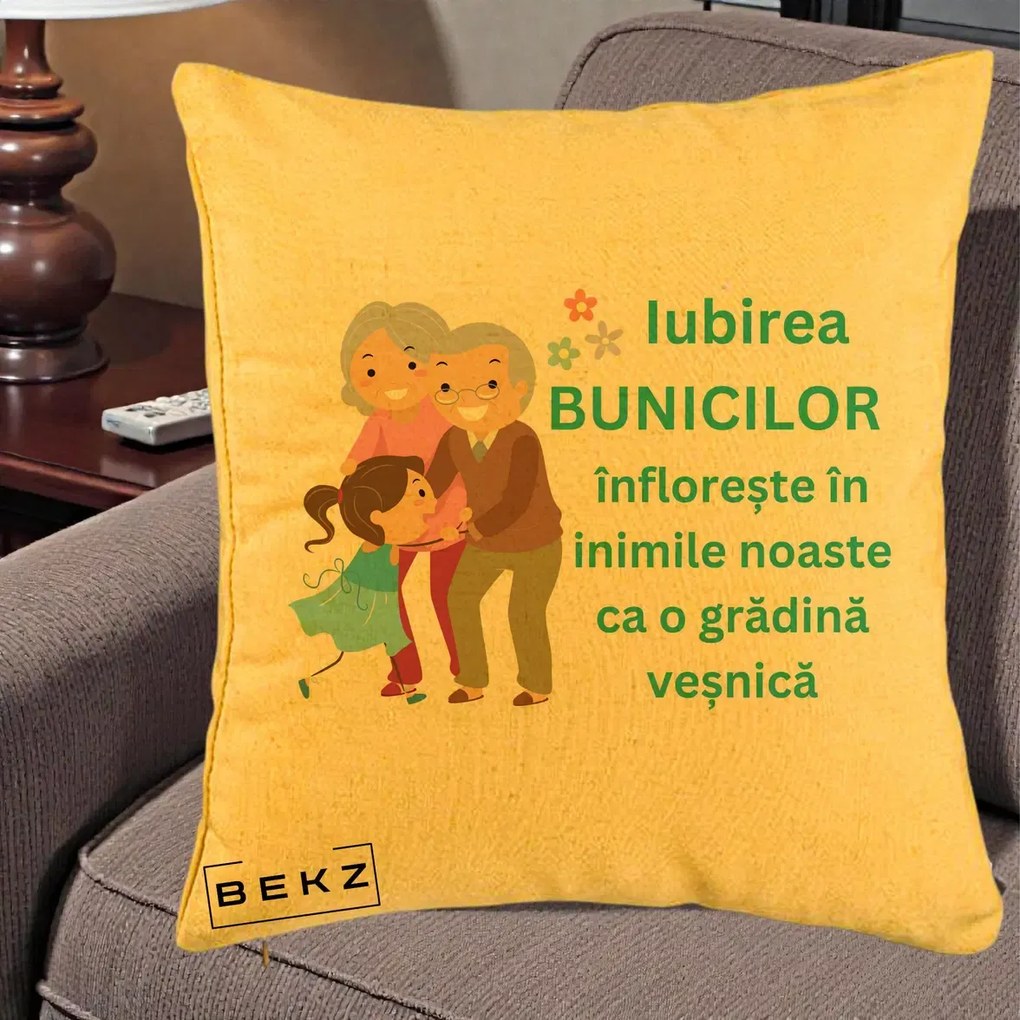 Cadou pentru Bunici - Perna Personalizata Bunicii Iubirea Infloreste cu Nepoata Teal, 40x40 cm, Galben, Husa Detasabila, Perna Inclusa, BEKZ®