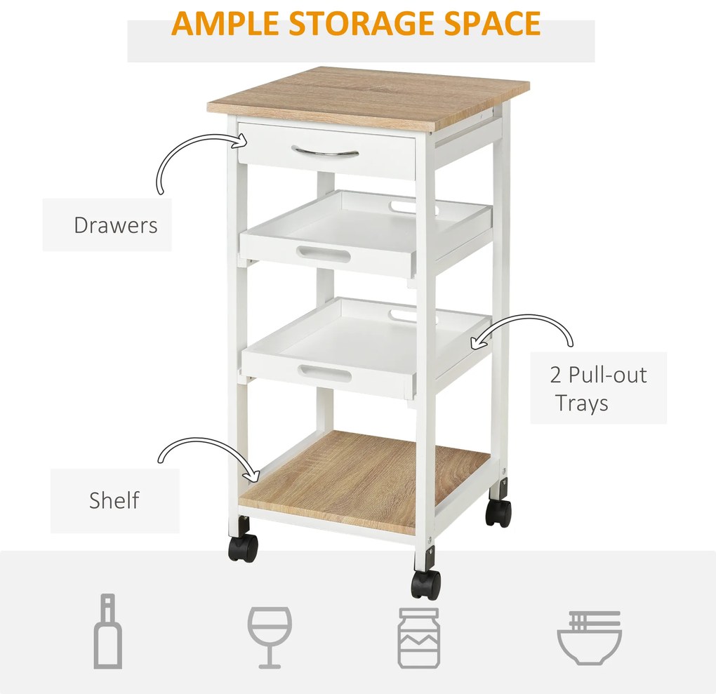 HOMCOM Căruț de servire căruță de bucătărie pe roți 2 tavane detașabile, sertar, raft stejar deschis lemn de pin alb | Aosom Romania