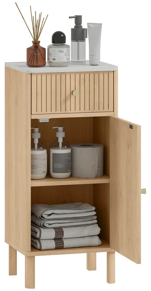 HOMCOM Mobilier de baie, corp de depozitare cu blat cu efect marmură și ușă canelată, sertar 36 x 30 x 80 cm, stejar | Aosom Romania