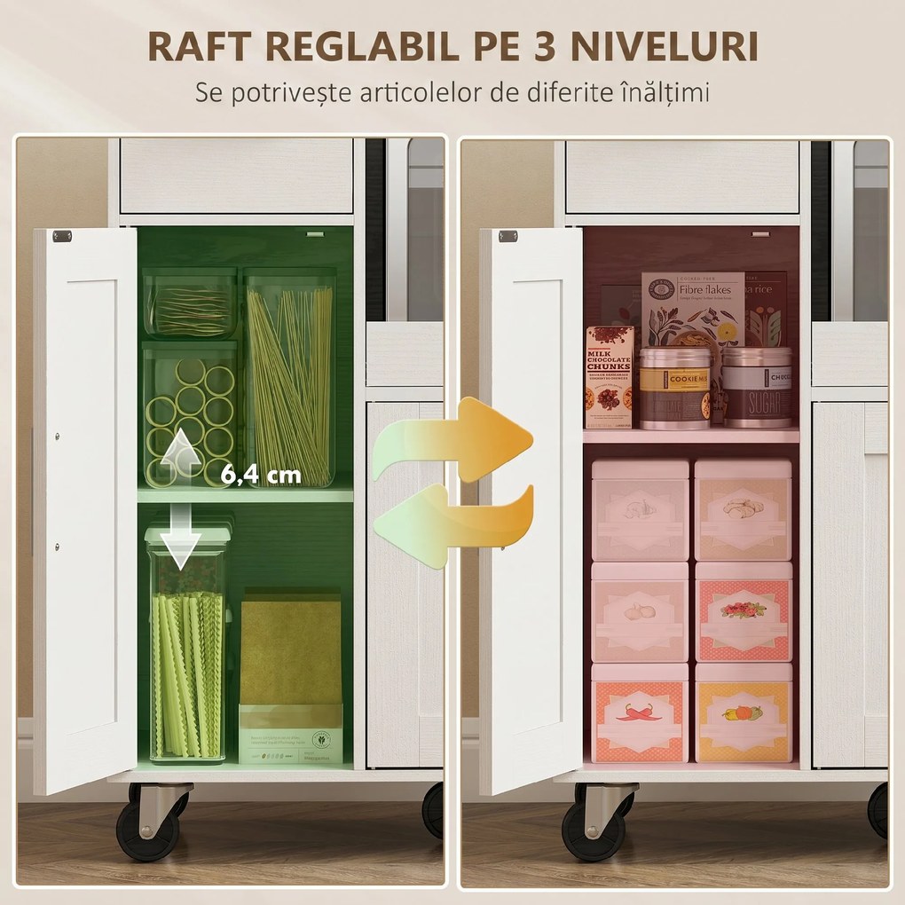 HOMCOM Dulap pentru cuptorul cu microunde din lemn, cu sertar, 2 dulapuri, raft deschis și blat ajustabil, 80x40x88.7 cm, alb | Aosom Romania
