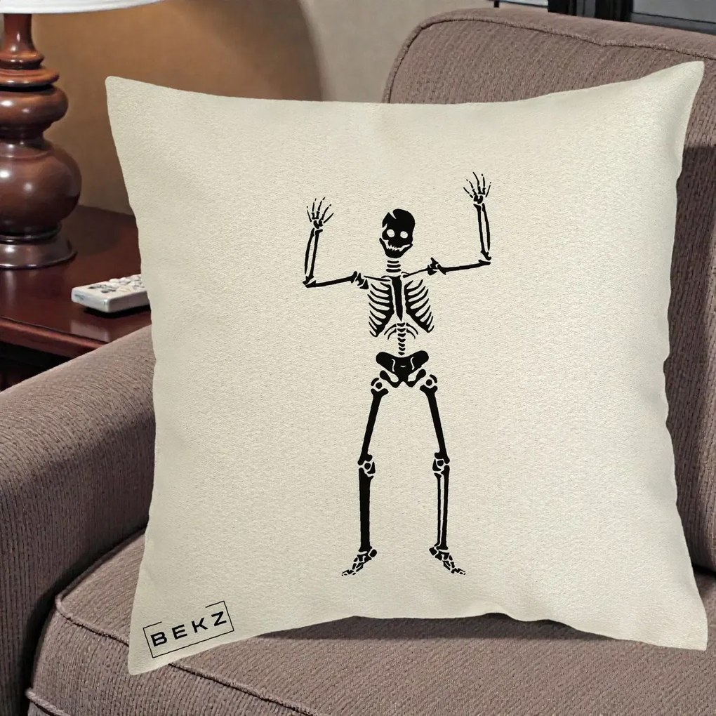 Perna Decorativa Halloween Schelet Dansator, 40x40 cm, Ecru, Husa Detasabila, Perna Inclusa, BEKZ®