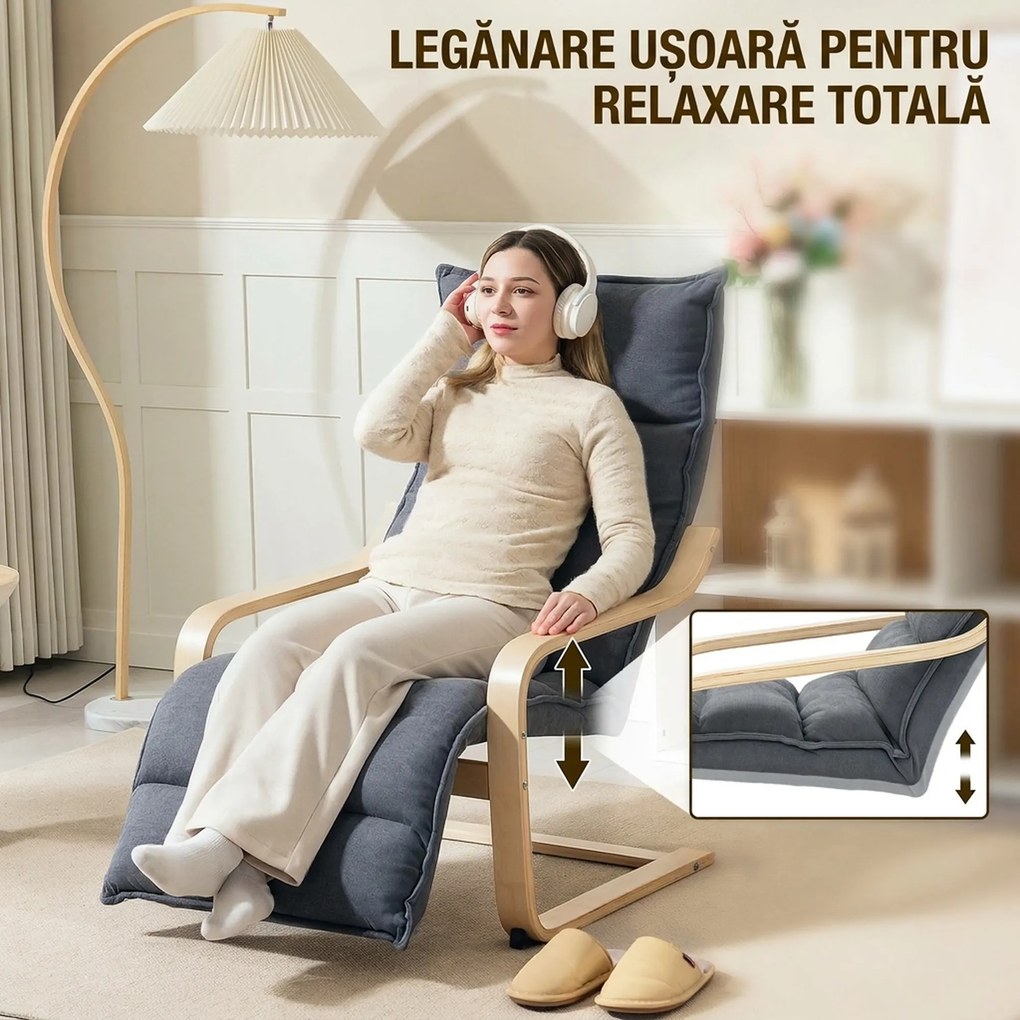 HOMCOM Fotoliu Ergonomic Lemn și Catifea Suport pentru Picioare Reglabil Gri Închis | Aosom Romania