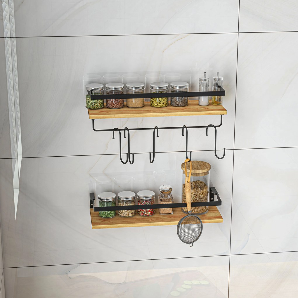 HOMCOM Set de 2 rafturi murale cu 6 cârlige detașabile și trăgaci, stil industrial pentru bucătărie, baie, lemn oțel | Aosom Romania