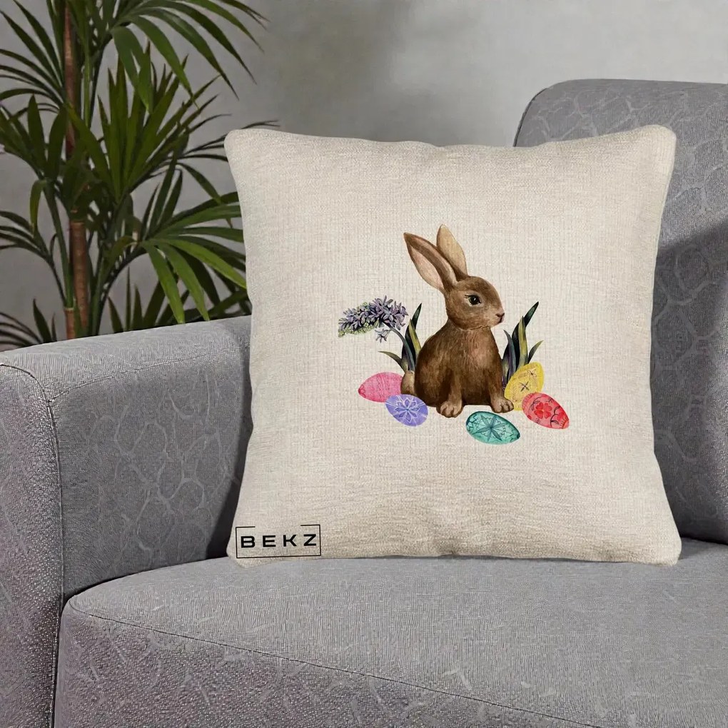 Perna Decorativa Iepuras cu Oua de Pasti Acuarela, 40x40 cm, Bej Canapea, Husa Detasabila, Perna Inclusa, BEKZ®