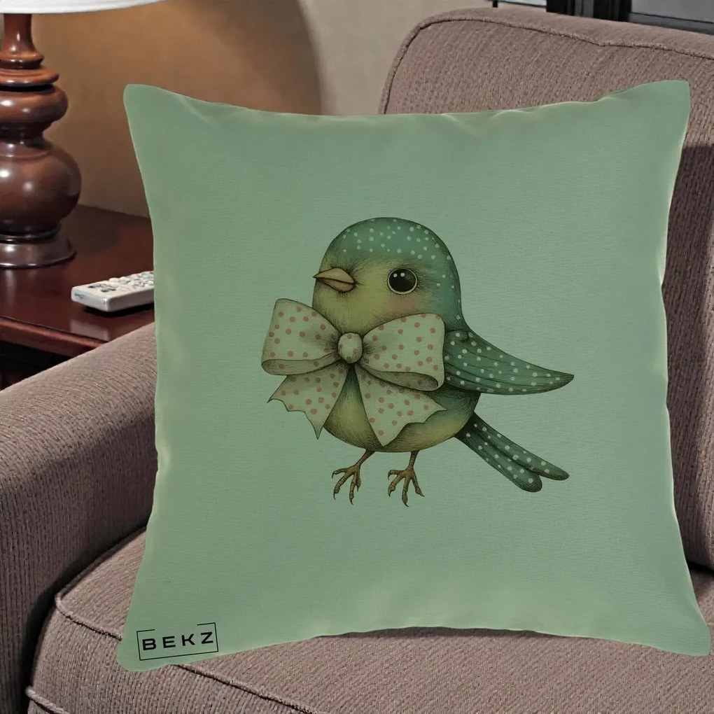 Perna Decorativa Pasare Teal cu Fundita cu Buline, 40x40 cm, Verde, Husa Detasabila, Perna Inclusa, BEKZ®