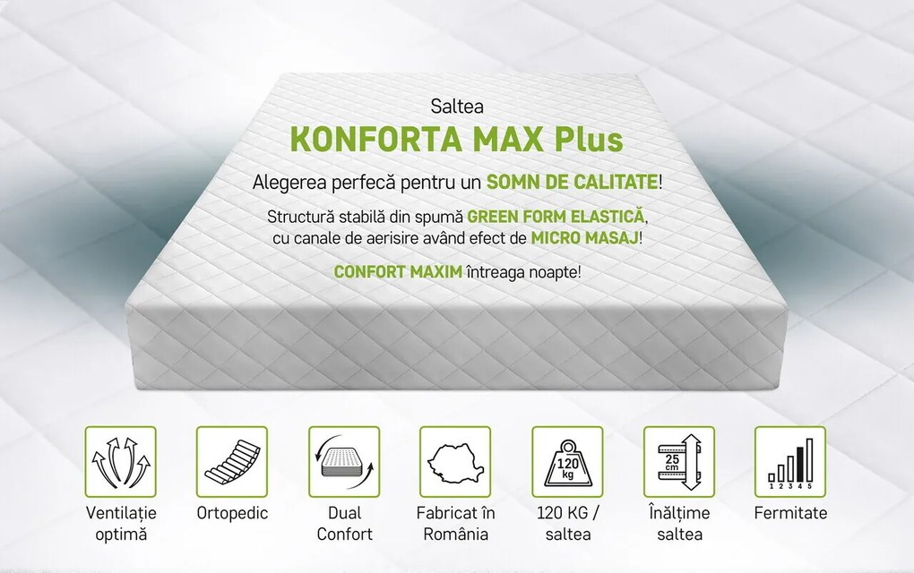 Saltea SuperOrtopedica Green Future KONFORTA Max Plus 25 cm, 160x200x25cm, Spuma poliuretanica elastica, Husa matlasata, hipoalergenica, Reversibila, Ferma