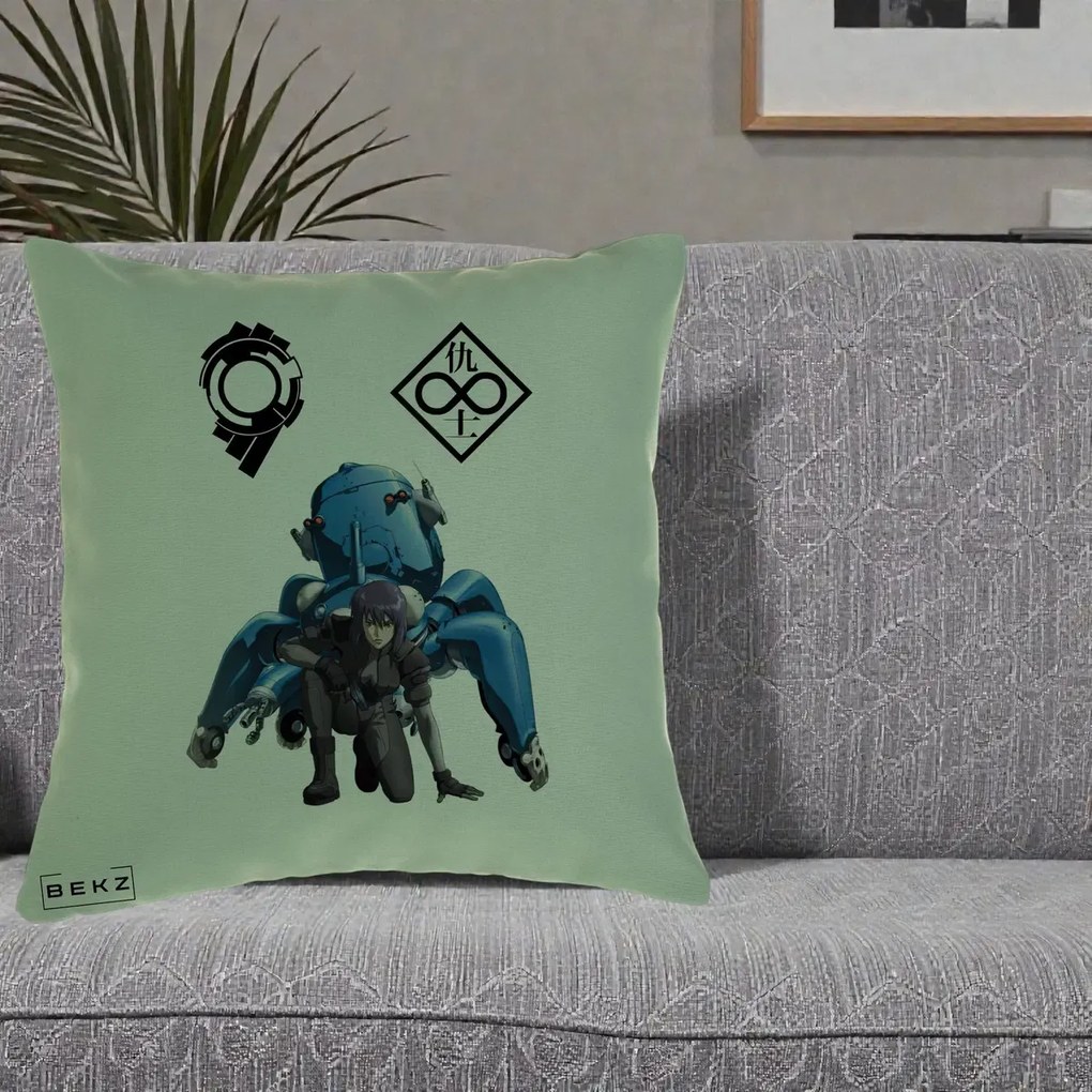 Perna Personalizata Ghost in the Shell Motoko si Tachikoma, 40x40 cm, Verde, Husa Detasabila, Perna Inclusa, BEKZ®