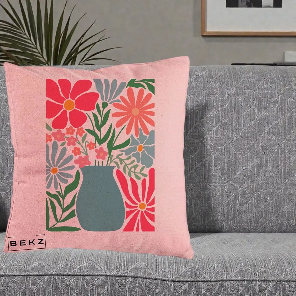 Perna Decorativa Flori in Vaza Turcoaz, 40x40 cm, Roz, Husa Detasabila, Perna Inclusa, BEKZ®