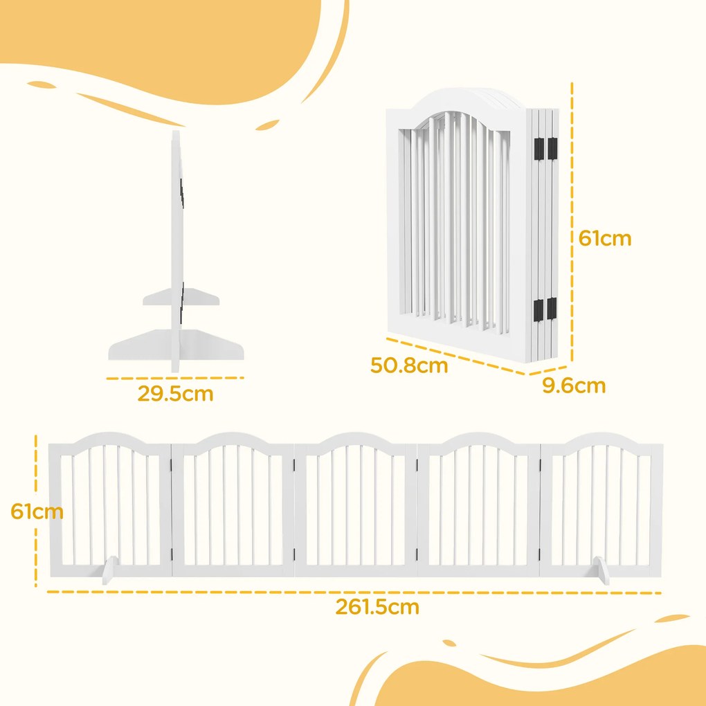 PawHut Barieră pentru câini, 5 panouri, pliabilă, flexibilă, lemn masiv/MDF, 261,5x29,5x61 cm, alb | Aosom Romania