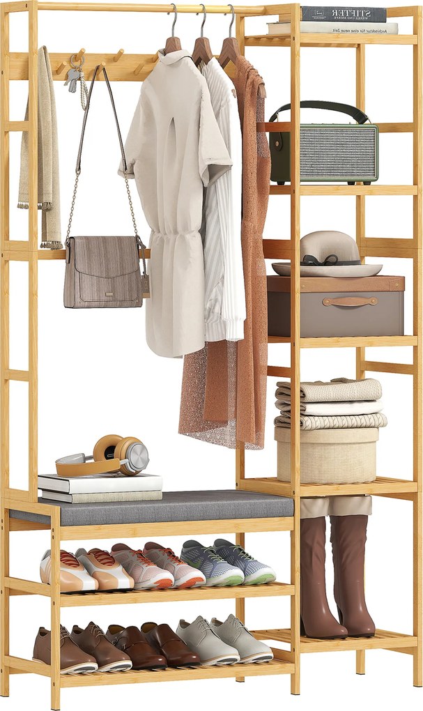 HOMCOM Cuier cu raft pentru pantofi, cârlige pentru haine, suport pentru paltoane, bancă cu pernă, pentru hol, intrare, lemn natural | Aosom Romania