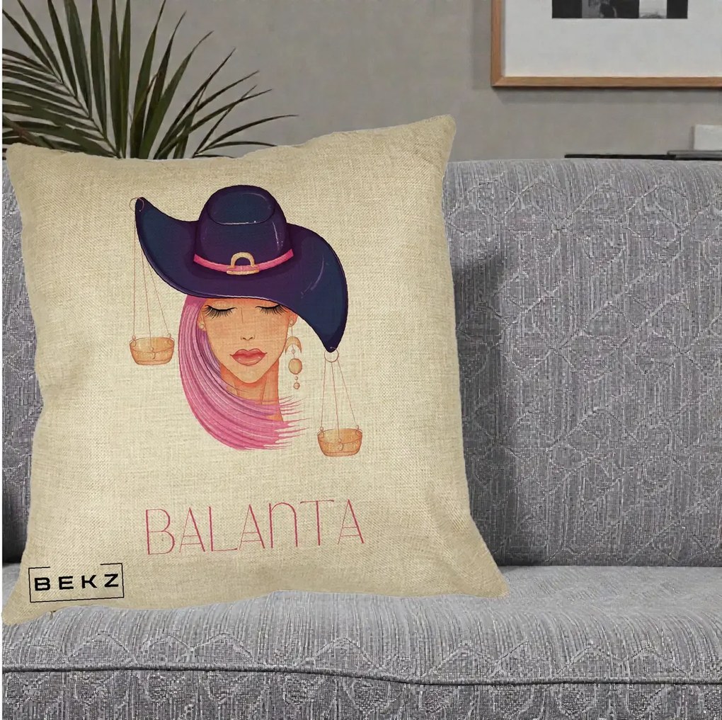 Perna Personalizata Zodiac Balanta Cowgirl, 40x40 cm, Crem, Husa Detasabila, Perna Inclusa, BEKZ®