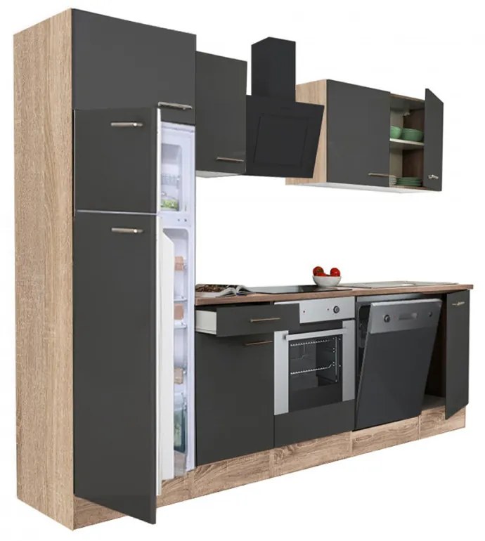 Mobilă de bucătărie Yorki 280, corp din stejar sonoma, față antracit satinat, element cuptor inferior, frigider congelator superior