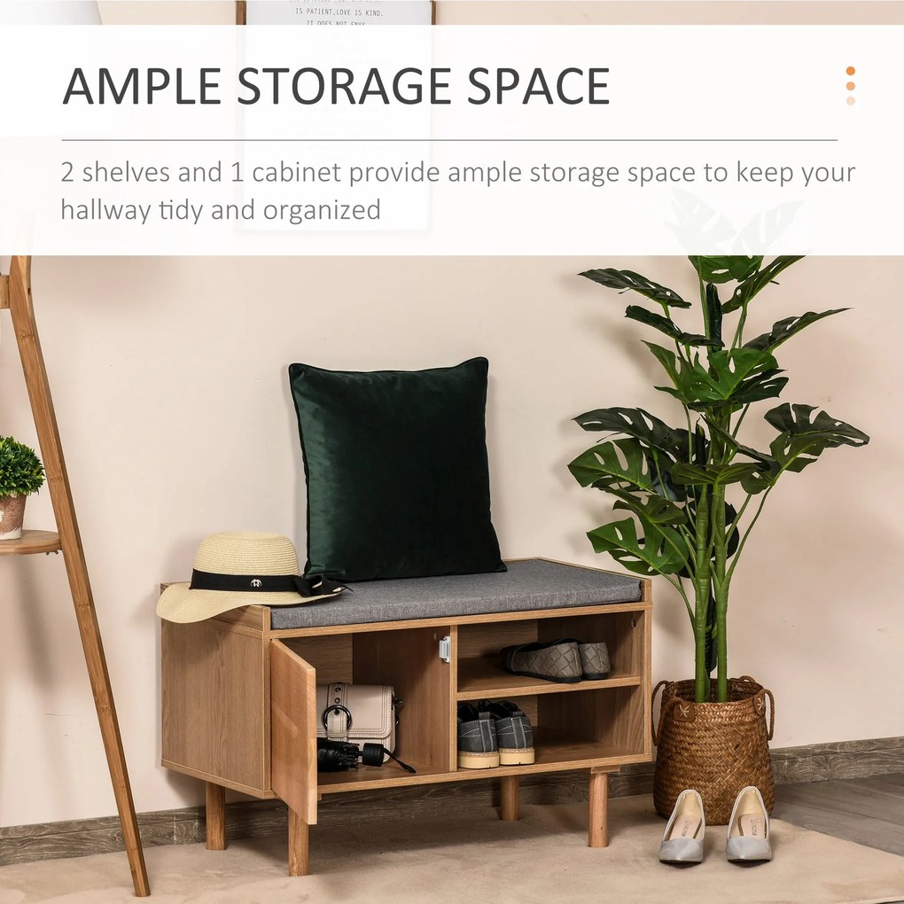 HOMCOM Mobilier Suport pentru pantofi din Lemn cu Banca capitonata, Polita si Dulapior, Culoare Naturala si Gri, 80x40x49,5 cm | Aosom Romania