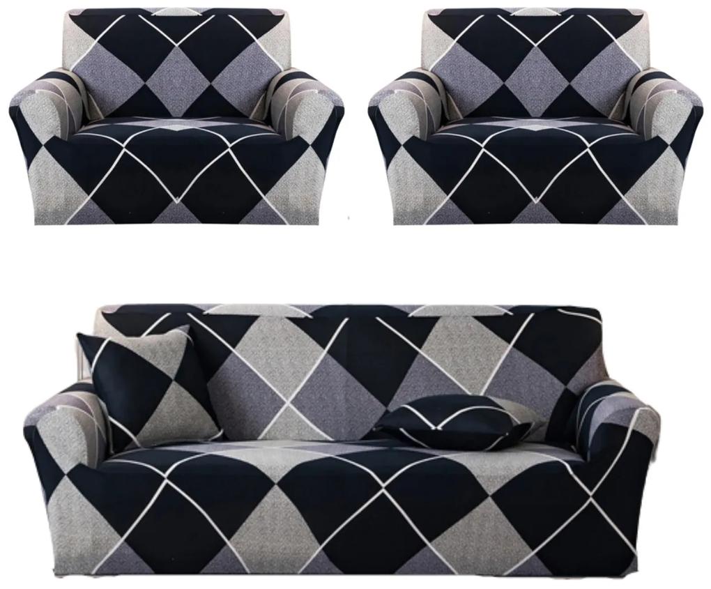Set huse elastice pentru canapea 3 locuri si 2 fotolii, cu brate, spandex, gri / negru, HES-65
