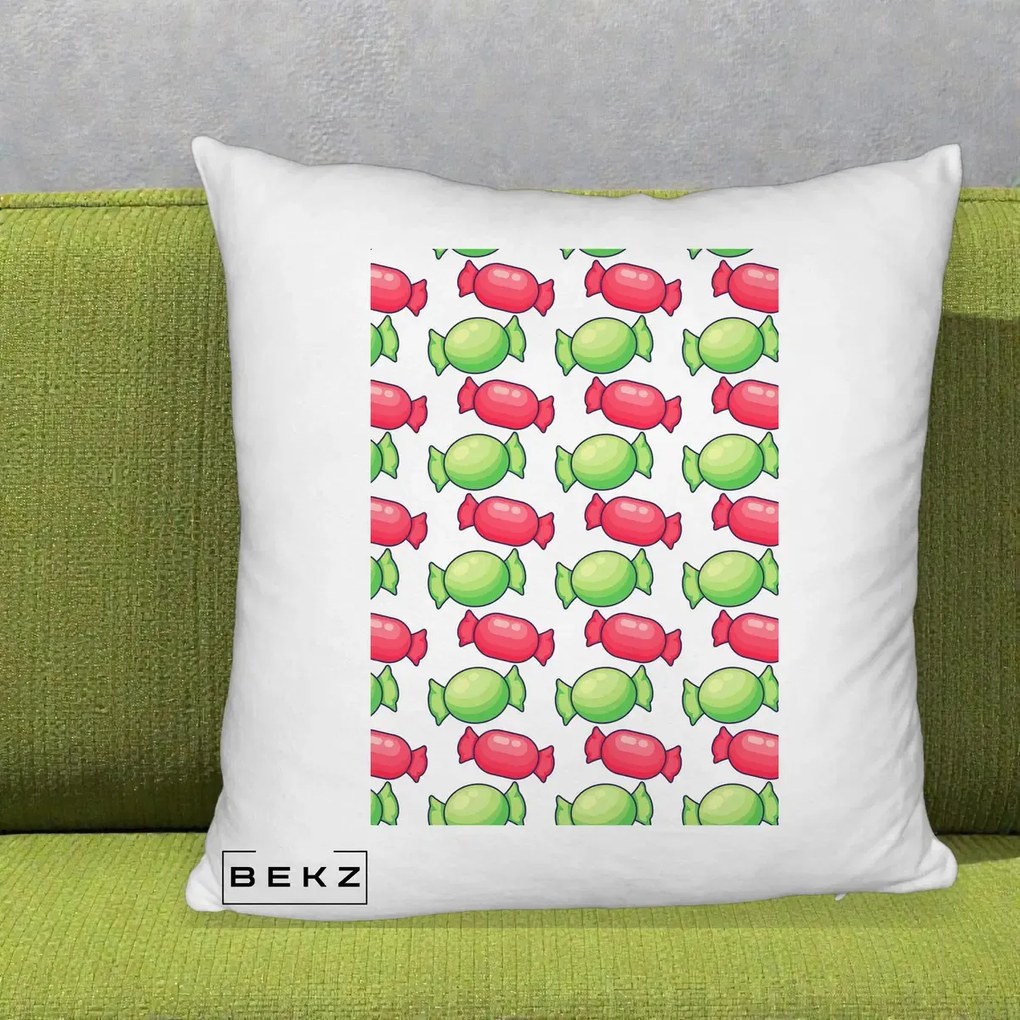 Perna Decorativa Bomboane Craciun Pattern, 40x40 cm, Alb Pufos, Husa Detasabila, Perna Inclusa, BEKZ®
