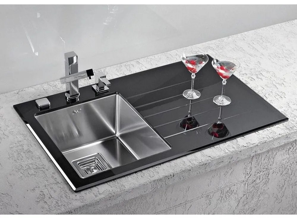 Chiuveta bucatarie inox si sticla neagra, cuva stanga, Alveus Crystalix 10 Negru, Stanga