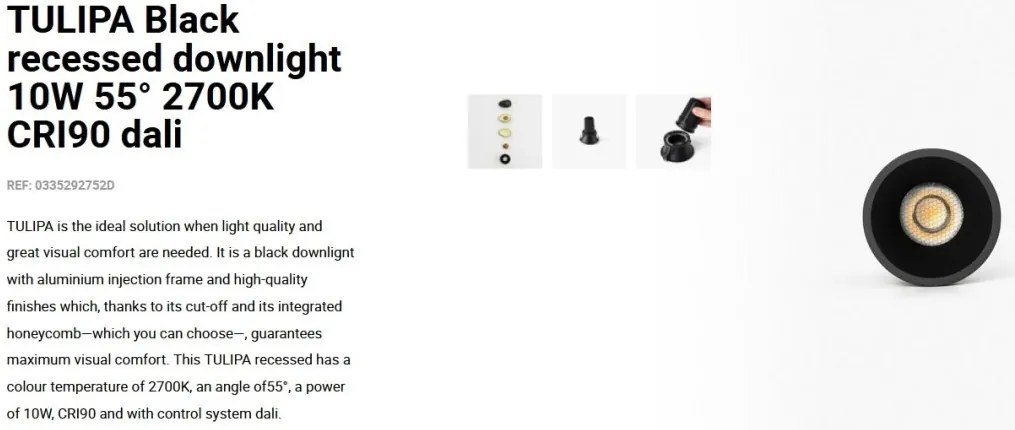 Spot LED incastrabil TULIPA Black recessed downlight 10W 55° 2700K CRI90 dali