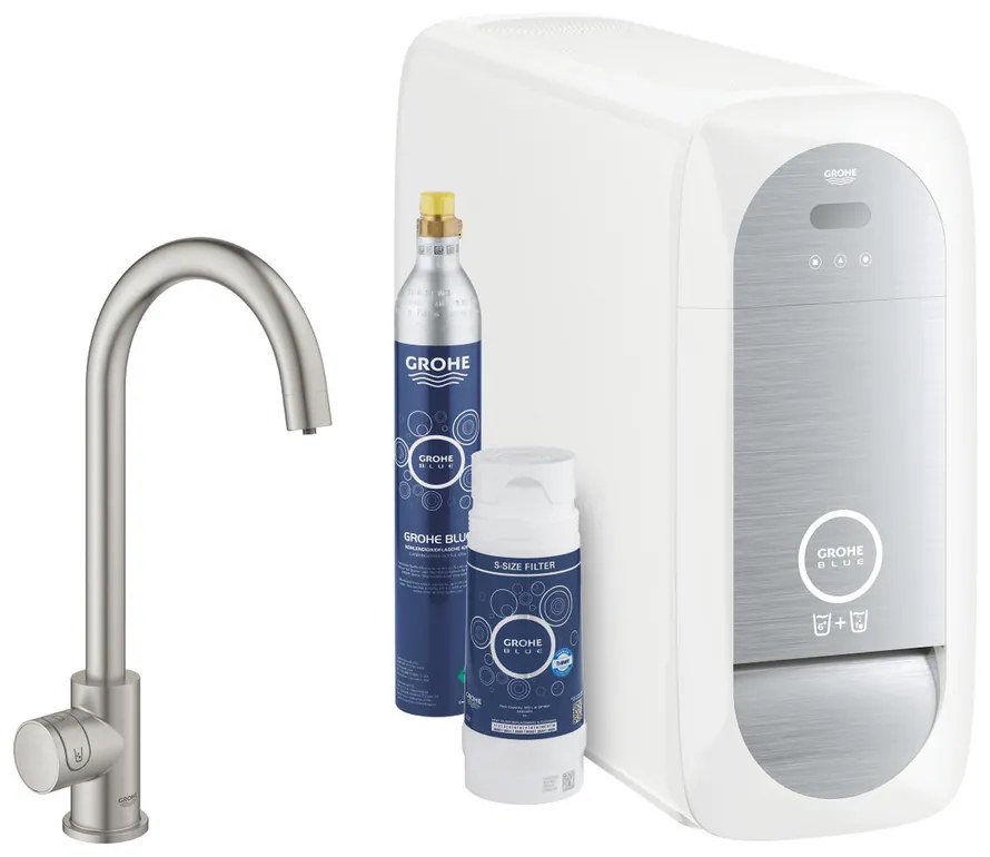 Baterie bucatarie Grohe Blue Home Mono crom periat Supersteel pipa tip C si Starter Kit