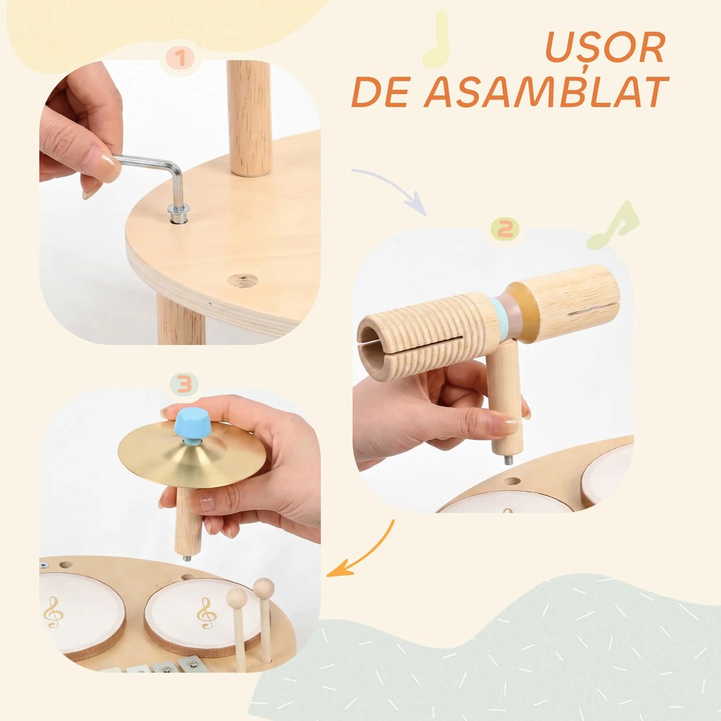 AIYAPLAY Set de Instrumente Muzicale pentru Copii de la 2+ Ani cu Tobe și Xilofon, Culoare Naturală | Aosom Romania