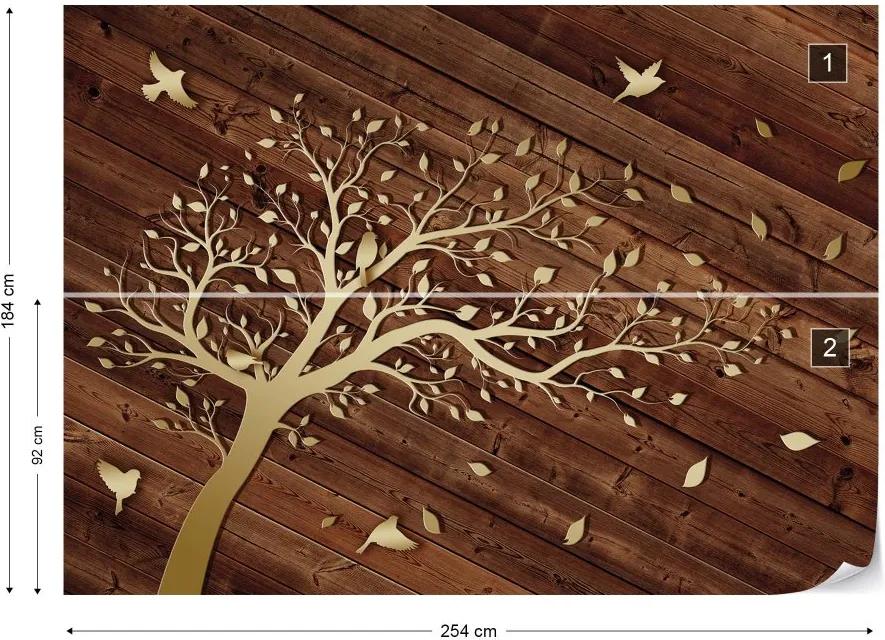 GLIX Fototapet - Modern Leaves And Birds On Wood Texture Vliesová tapeta  - 254x184 cm