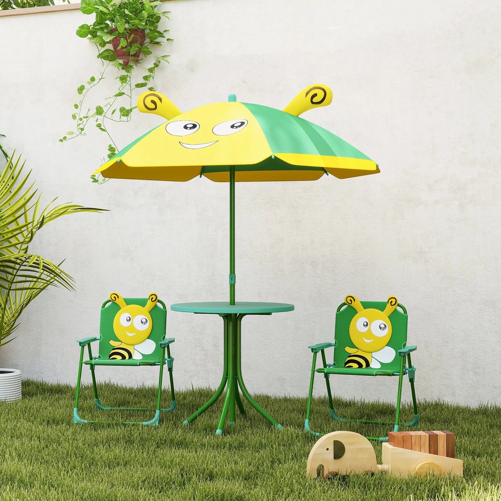 Set mobilier de grădină pentru copii AIYAPLAY, Scaune, Masa, Umbrelă, Design de Albinuțe, Verde+Galben | Aosom Romania