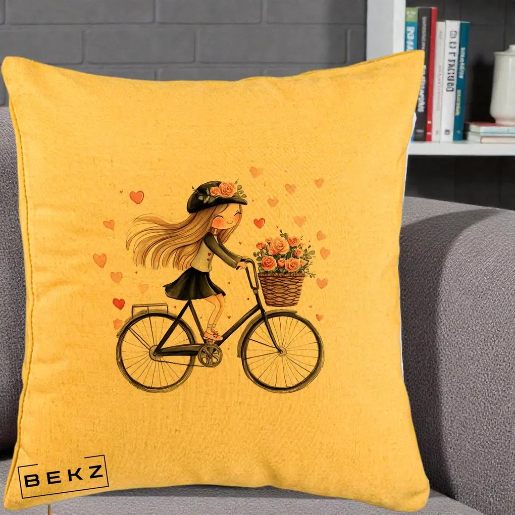 Perna Decorativa Fetita Kawaii pe Bicicleta cu Trandafiri si Inimioare, 40x40 cm, Galben, Husa Detasabila, Perna Inclusa, BEKZ®