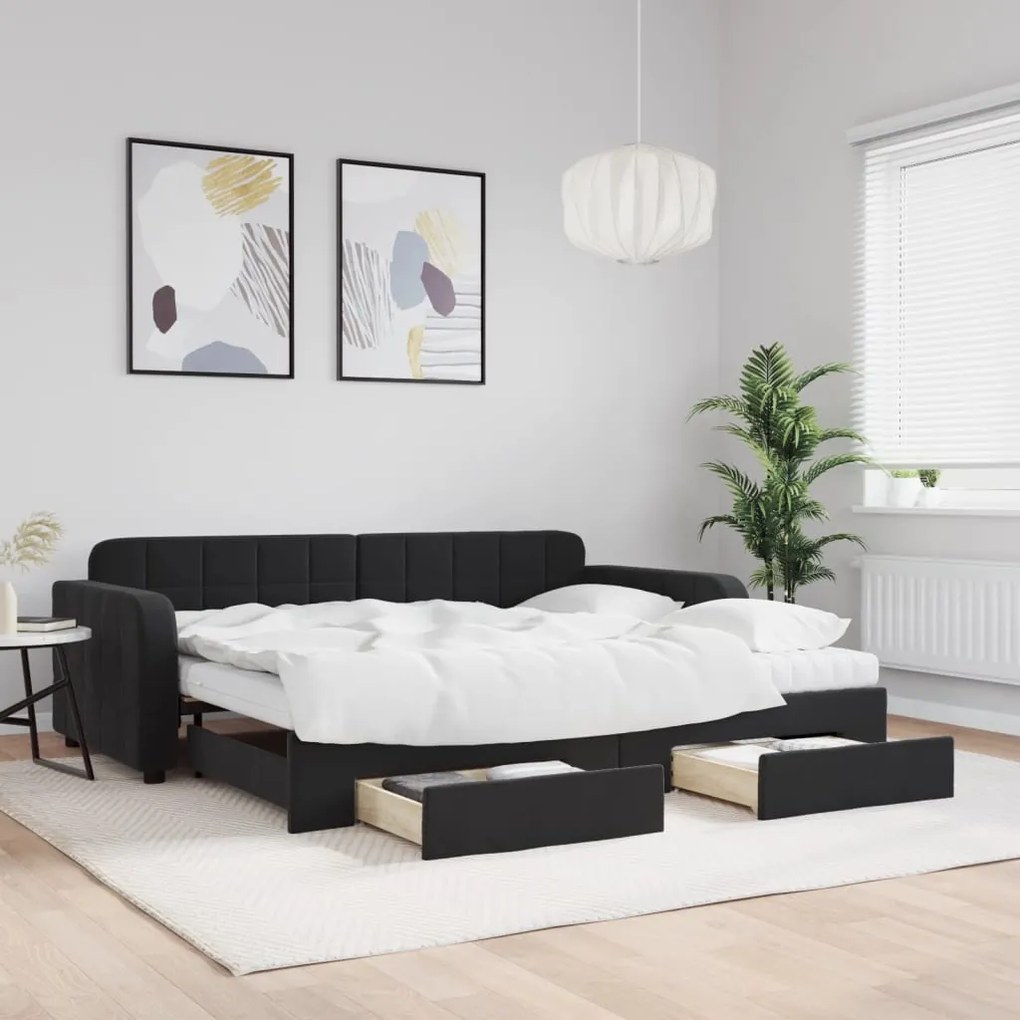 vidaXL Pat de zi cu extensie și sertare, negru, 90x200 cm, catifea