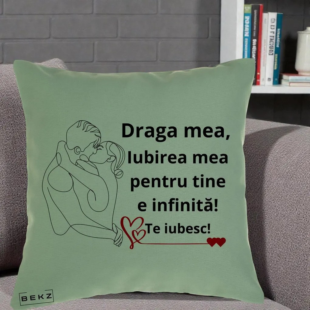 Cadou pentru Iubita - Perna Personalizata Draga Mea Iubirea Mea pentru Tine e Infinita Te Iubesc, 40x40 cm, Verde, Husa Detasabila, Perna Inclusa, BEKZ®