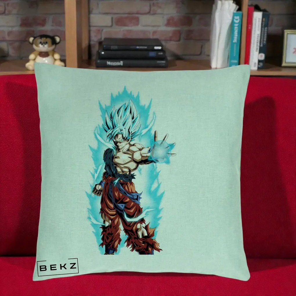 Perna Personalizata Dragon Ball Goku Ultra Instinct Blue, 40x40 cm, Verde Menta, Husa Detasabila, Perna Inclusa, BEKZ®