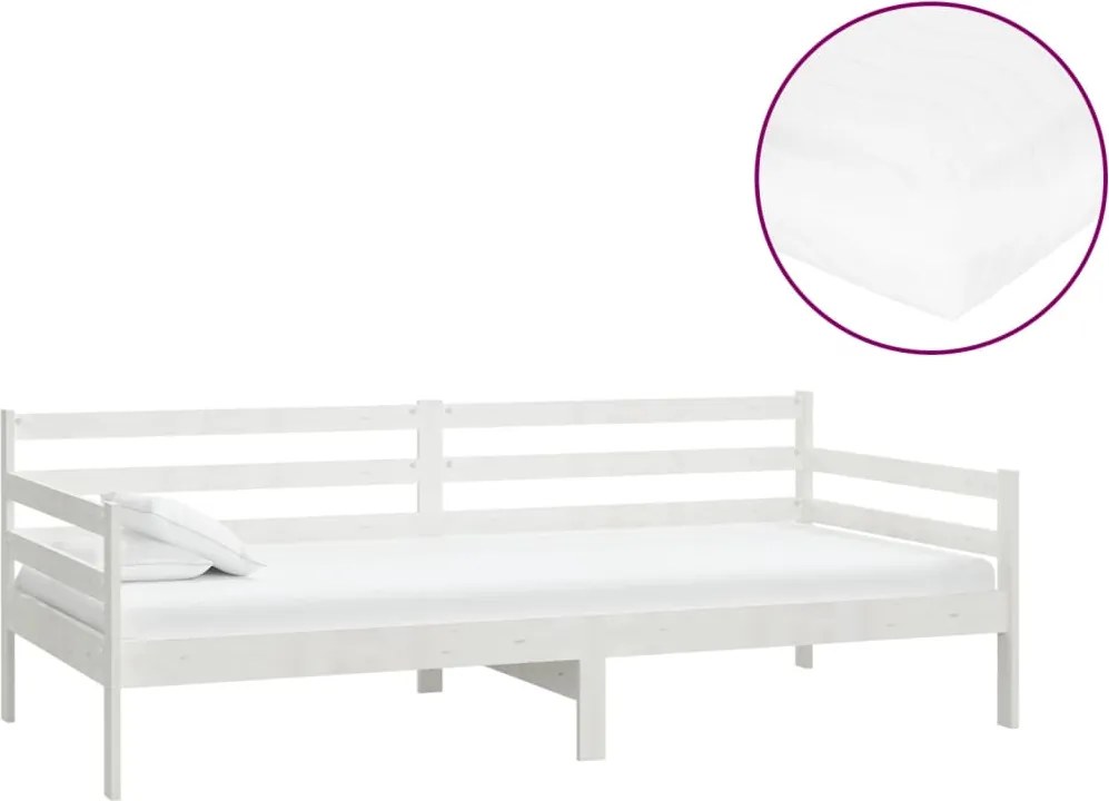 vidaXL Pat de zi cu saltea, alb, 90x200 cm, lemn masiv de pin