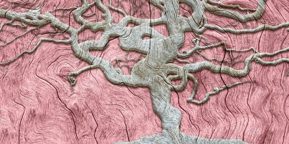 Tablou copacul abstract pe lemn cu contrast roz