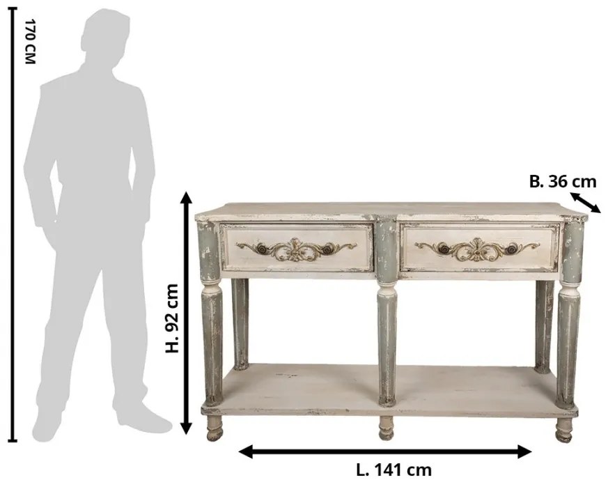 Consolă shabby chic din lemn, cu ornamente sculptate și finisaj gri antichizat, Marguerite