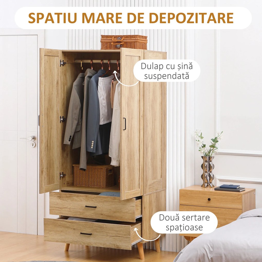 HOMCOM Dulap Dormitor 2 Uși cu 2 Sertare și Bară pentru Umerașe 80x54x180 cm Lemn | Aosom Romania