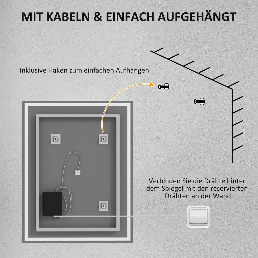 HOMCOM Oglinda de baie cu iluminare 90x70 cm LED Spiegel Wandspiegel cu functie de memorie 3 culori Argintiu | Aosom Romania