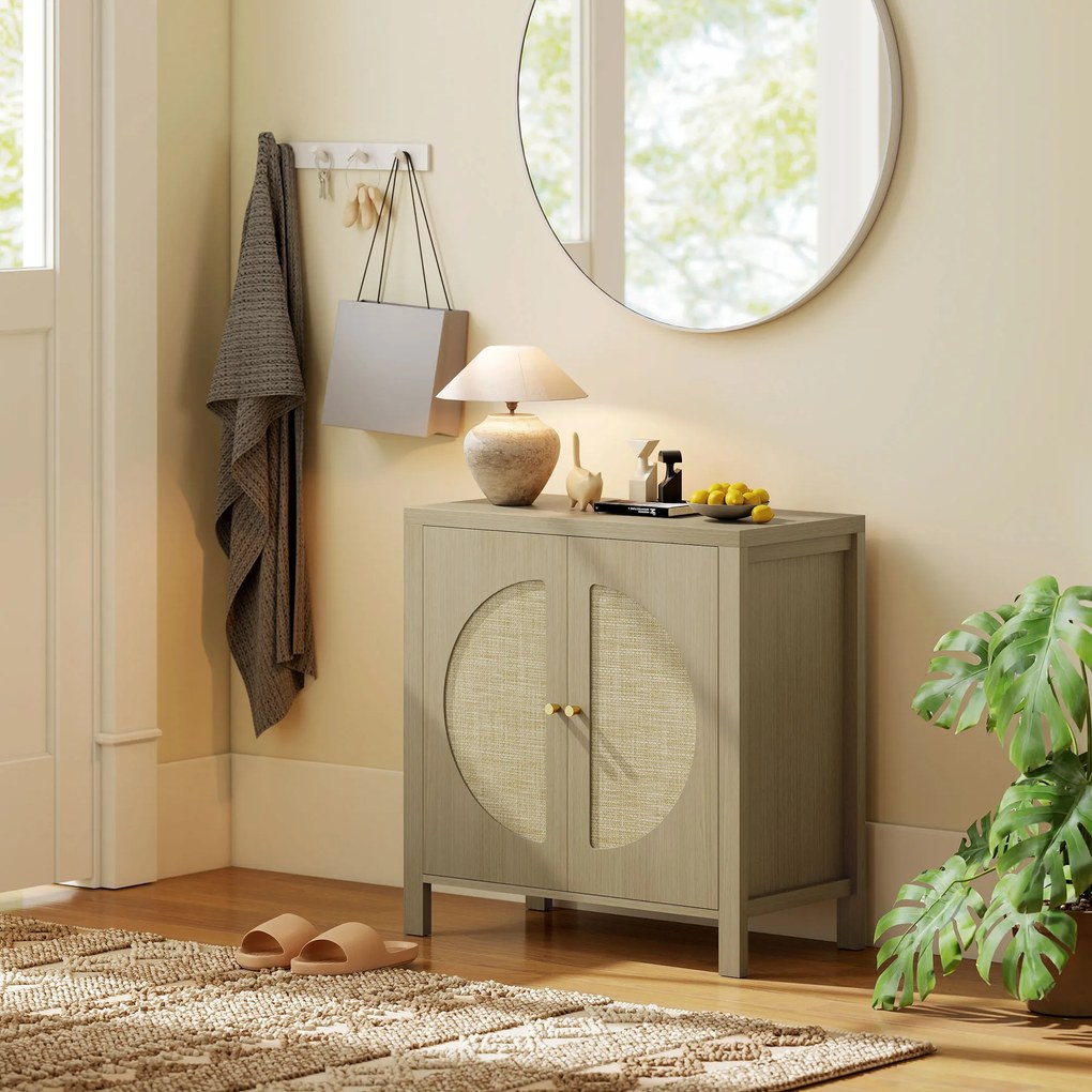 HOMCOM Bufet de bucătărie, mobilier de depozitare cu 2 uși cu efect ratan și raft reglabil, 75 x 38 x 77 cm, lemn natural | Aosom Romania