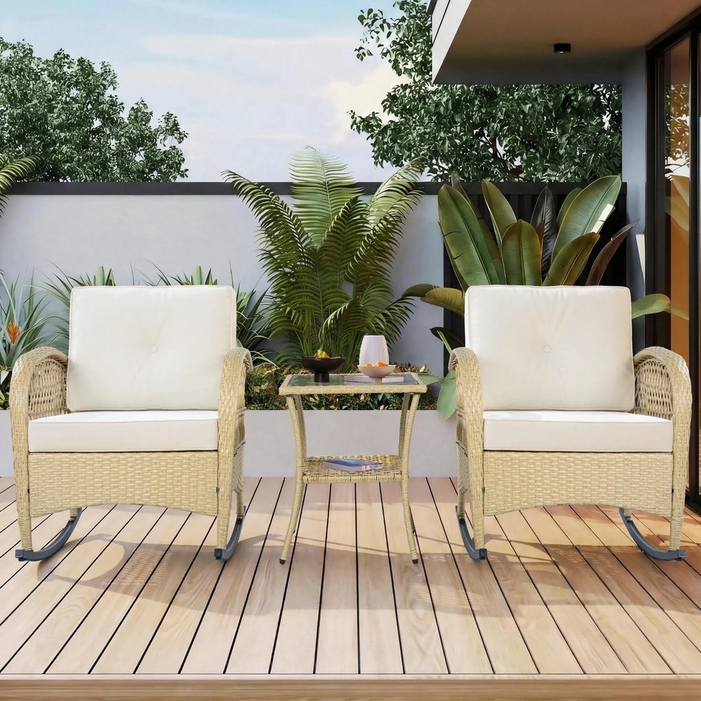 Set de mobilier din rattan pentru balcon (3 piese), 2 scaune balansoar confortabile cu spătar înalt, 80x76x86 cm, Bej