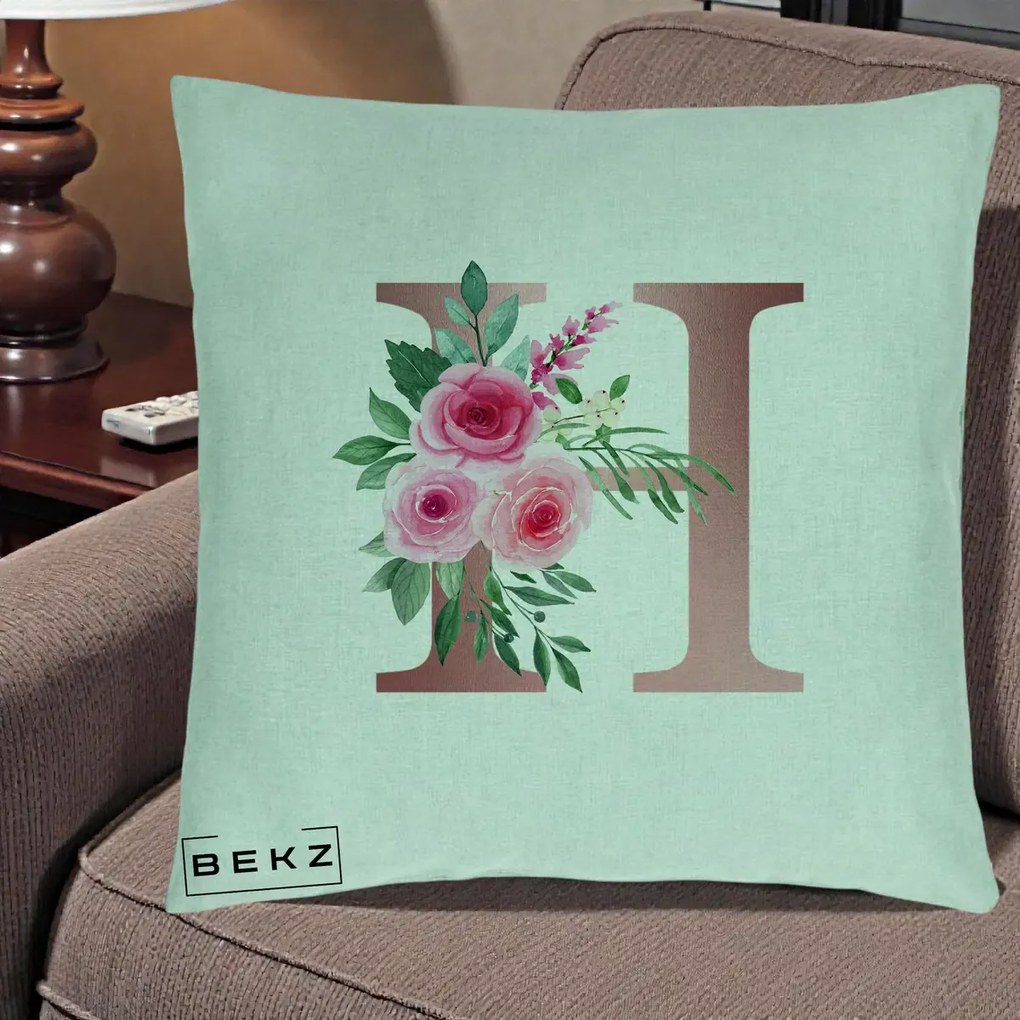 Cadou Personalizat - Perna Personalizata Monograma Rose Gold Litera H, 40x40 cm, Verde Menta, Husa Detasabila, Perna Inclusa, BEKZ®